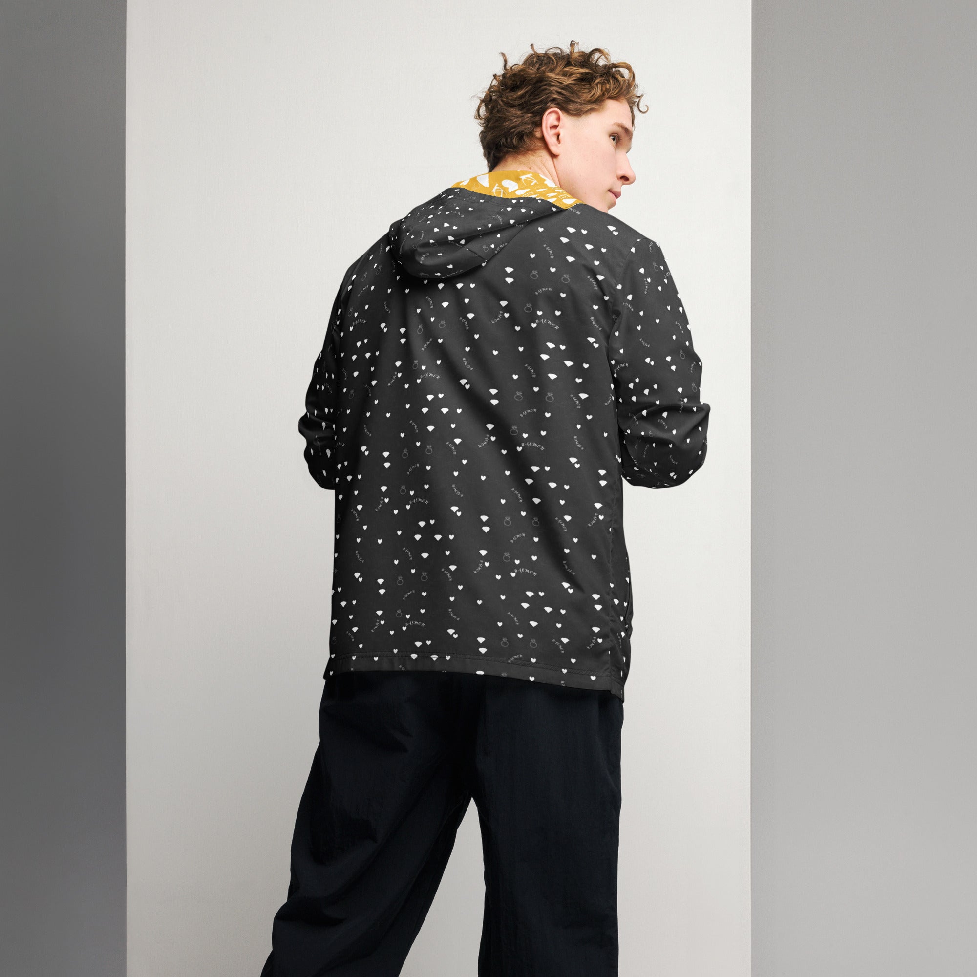 Daemon Luxury Florette Rebirth Stealth Era men's windbreaker with all-over black floral print, lightweight and stylish.