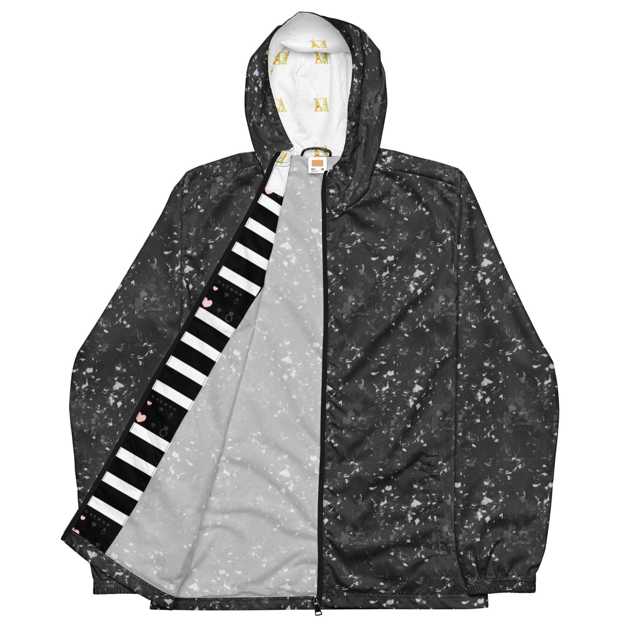 Daemon Autumn Dim men's windbreaker with all-over black print, lightweight outdoor jacket for stylish protection against the elements.