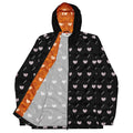 Daemon Gloomy Runners Intel Fepa Cappucio men's black windbreaker with all-over print and hood, front view.