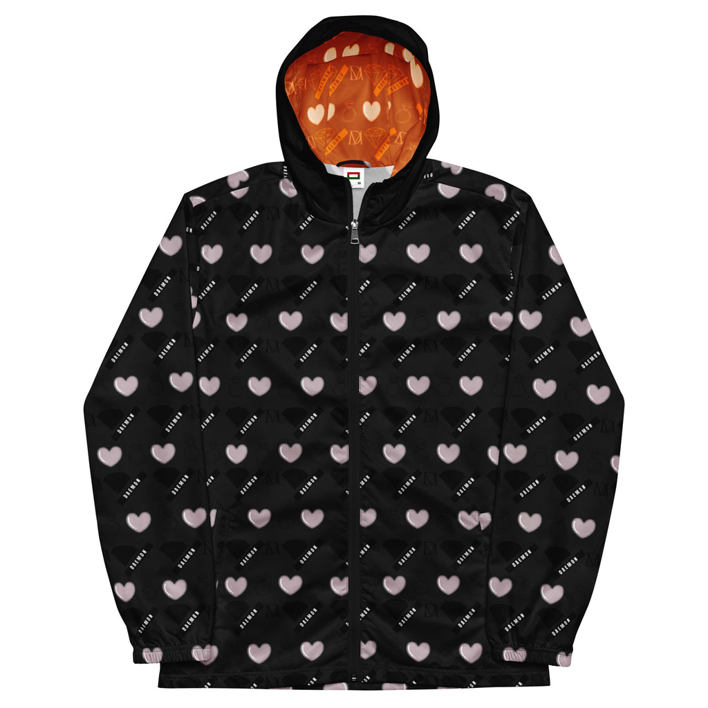 Daemon Gloomy Runners Intel Fepa Cappucio men's black windbreaker with all-over print, front view.
