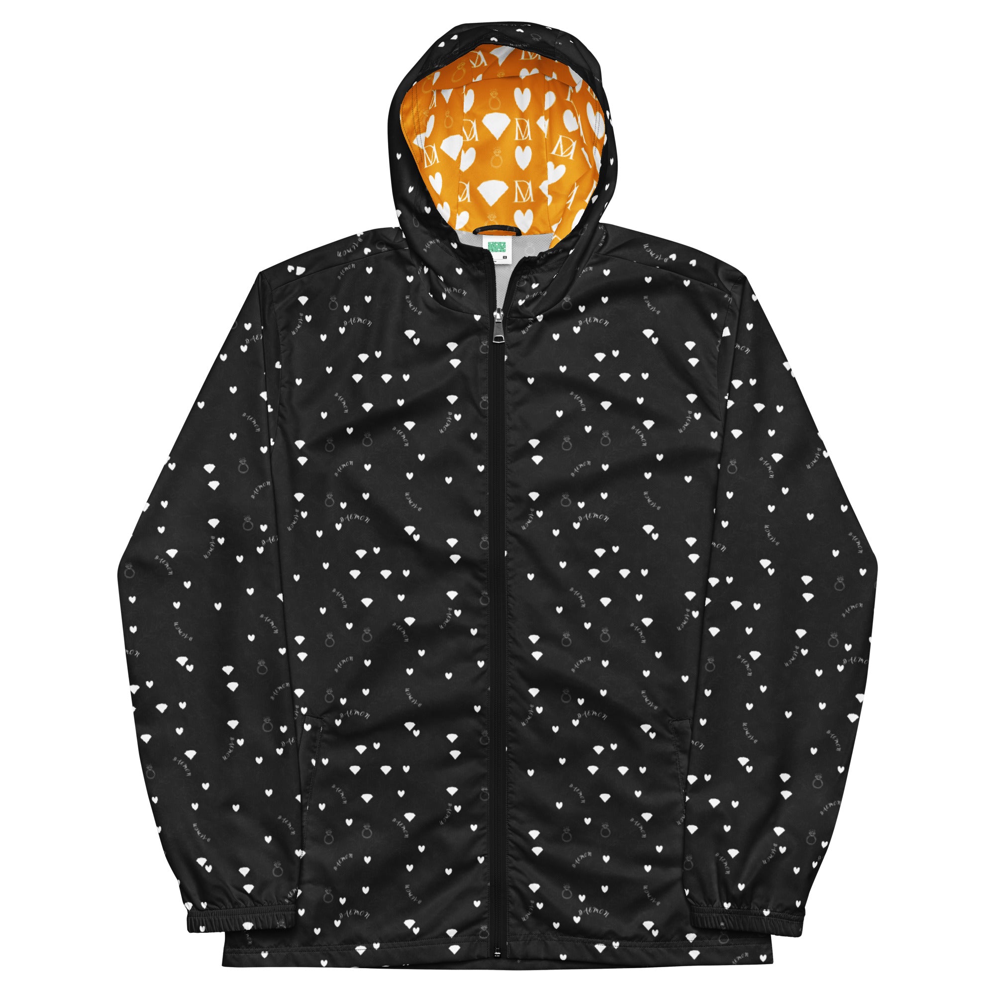 Daemon Luxury Florette Rebirth Stealth Era men's black windbreaker with all-over floral print, front view showing detailed design.