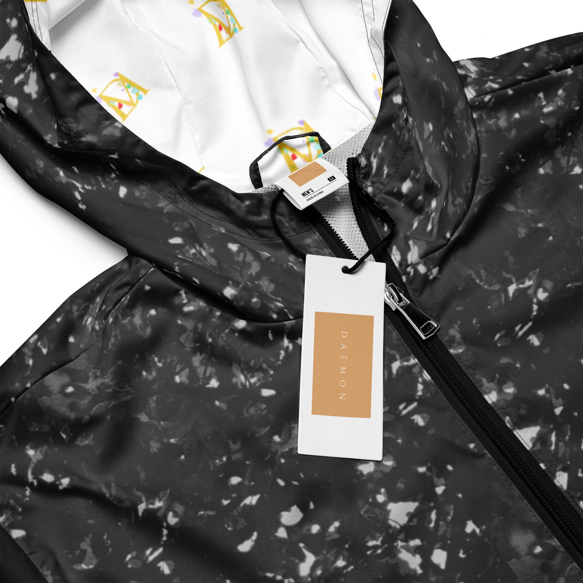 Daemon Autumn Dim men's black windbreaker with all-over print, lightweight jacket with detailed design and zip closure.