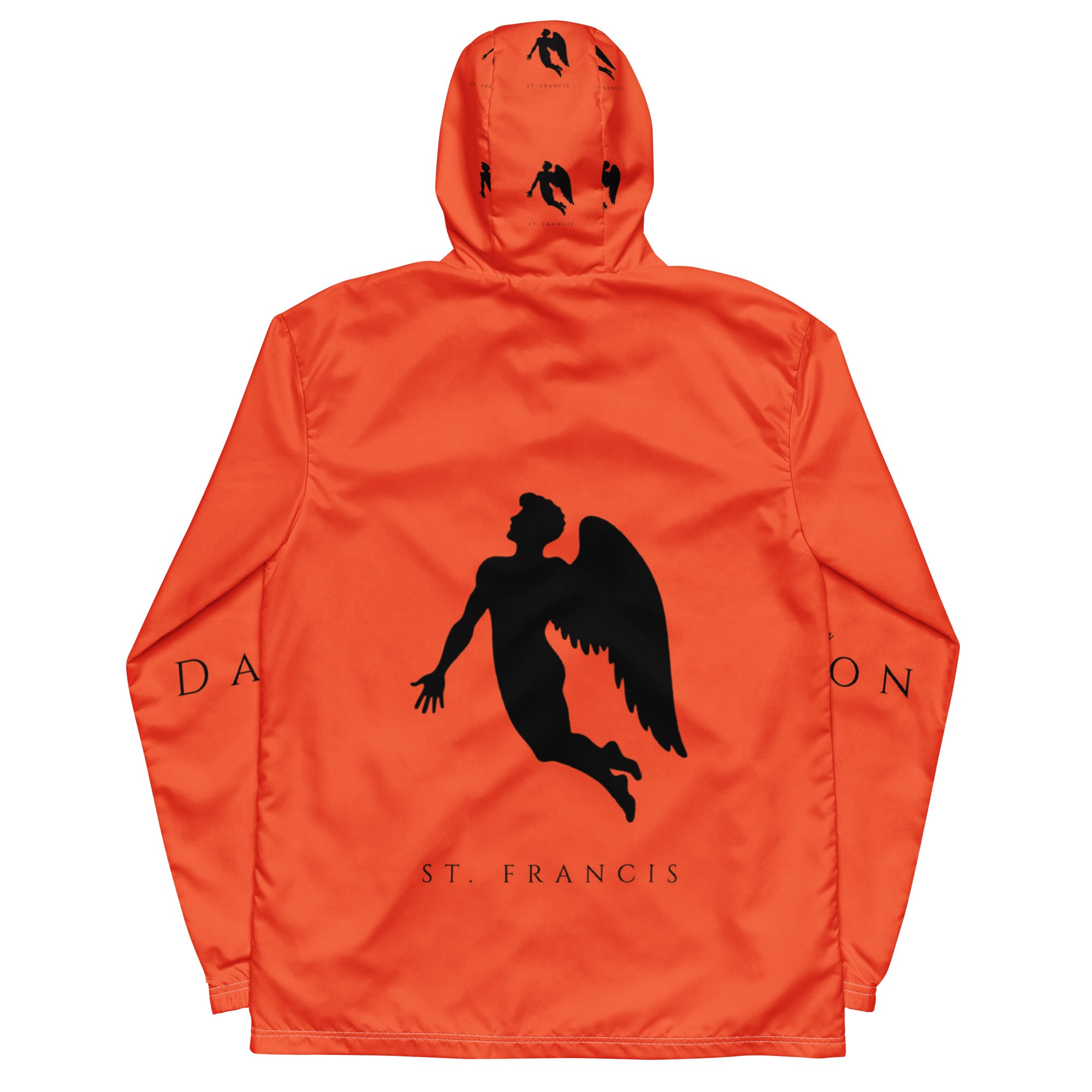 Daemon Angelic Fire men's windbreaker jacket with all-over angel and fire print on white background.