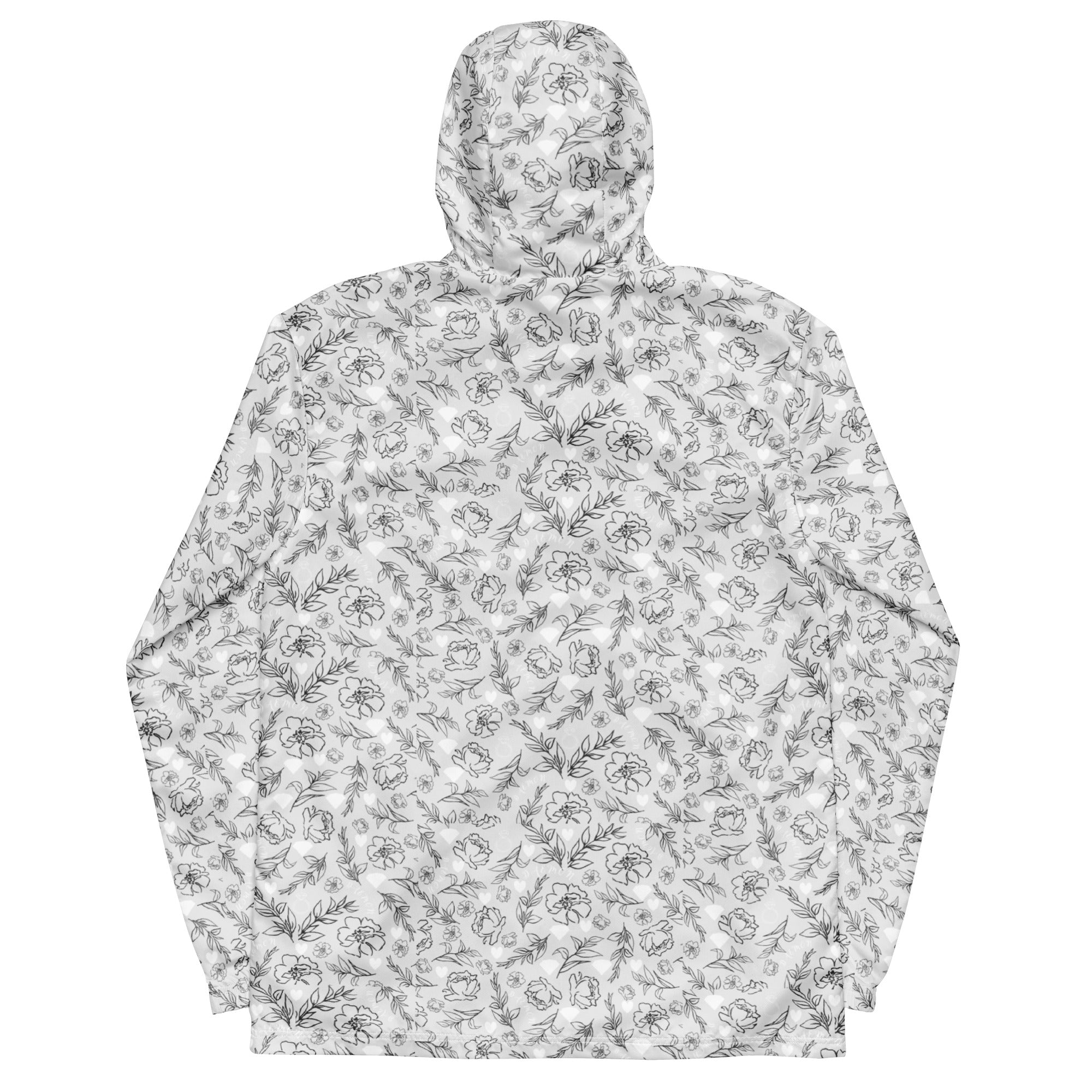 Daemon Luxury Florette Rebirth men's windbreaker with all-over white floral print, lightweight and stylish outdoor jacket.