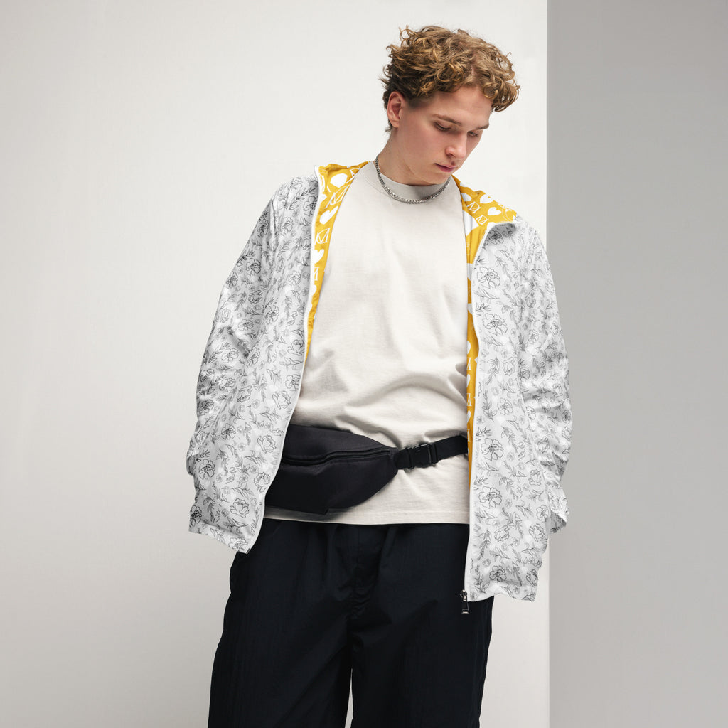 White Daemon Luxury Florette Rebirth windbreaker jacket with all-over floral print, men's lightweight windbreaker front view.
