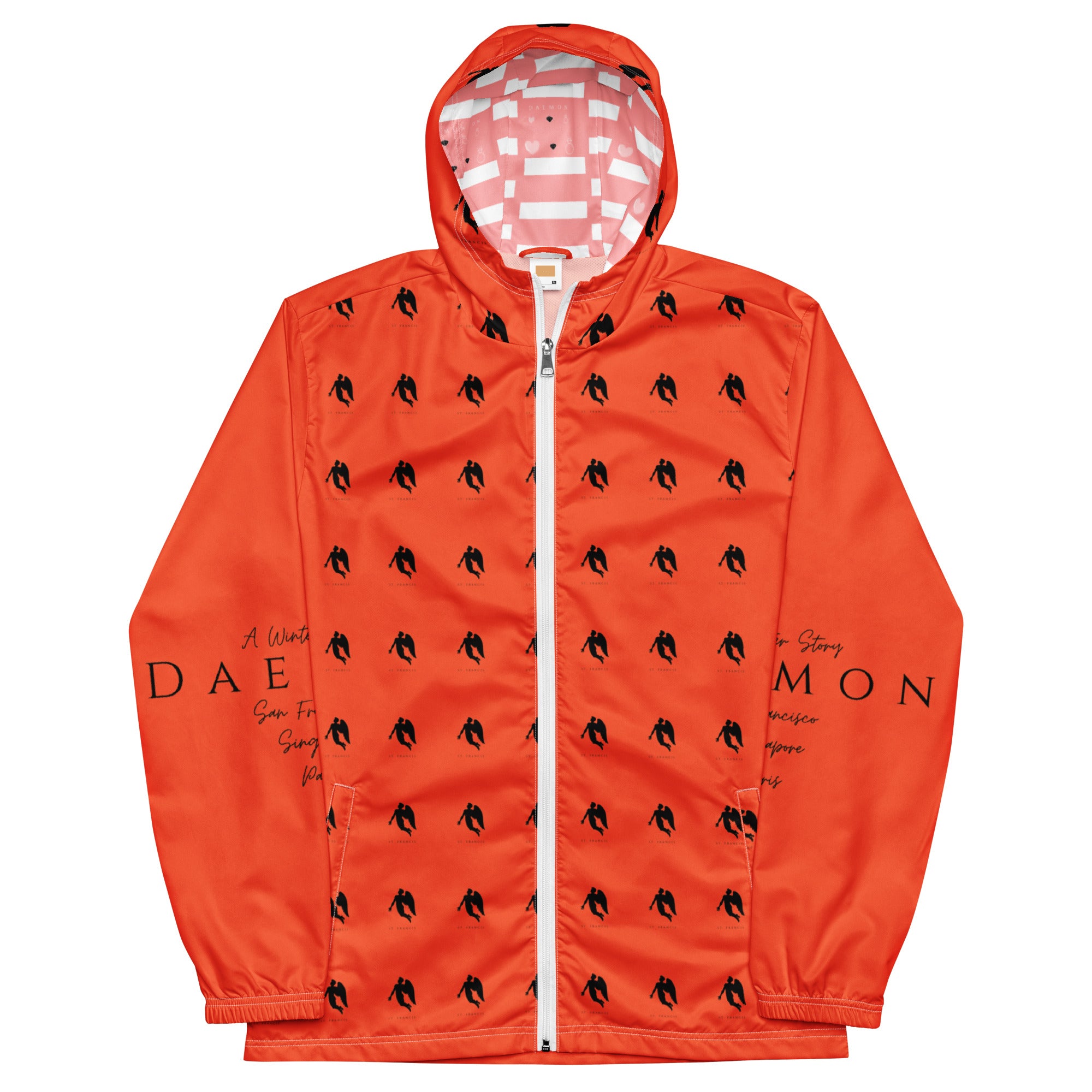 Daemon Angelic Fire men's white windbreaker jacket with all-over angelic flame print, lightweight and stylish outdoor wear.