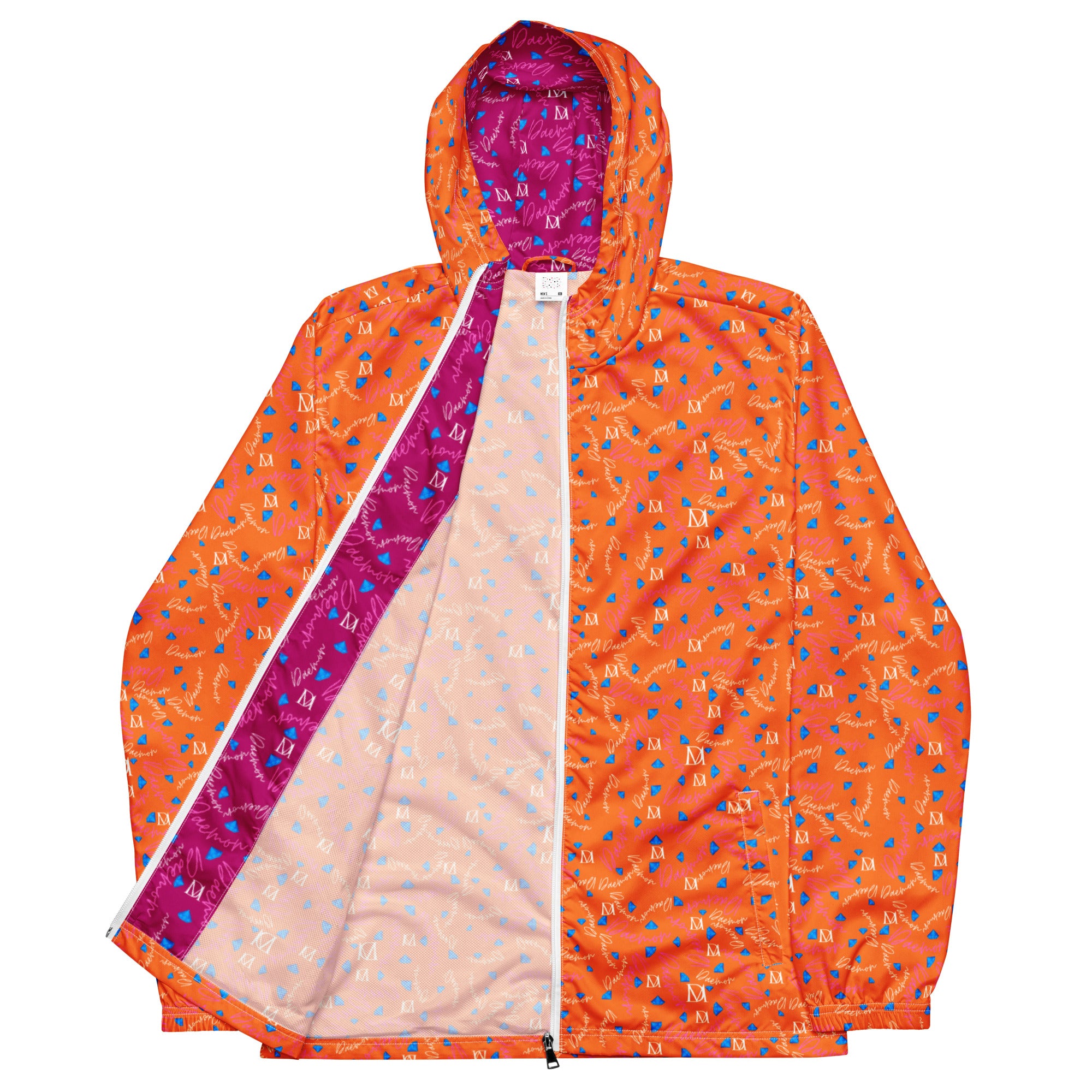 Daemon Luxury Picasso Mirrors Solar Magenta men's windbreaker with all-over print, featuring vibrant magenta and white design.