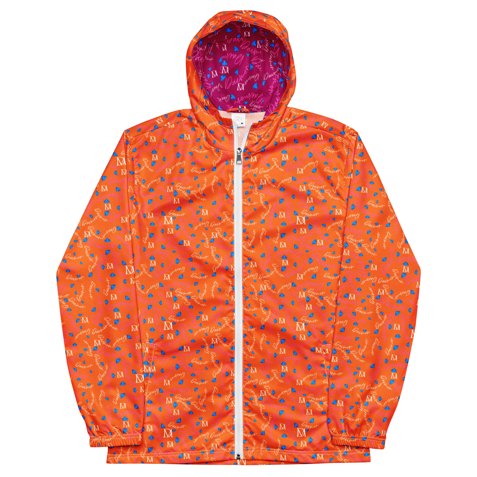 Daemon Luxury Picasso Mirrors Solar Magenta men's windbreaker with all-over print, white front design, lightweight and stylish.