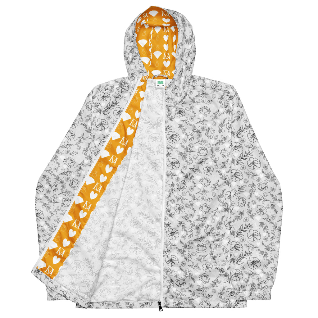 White men's windbreaker jacket with all-over Florette Rebirth print by Daemon Luxury, stylish and lightweight outerwear.