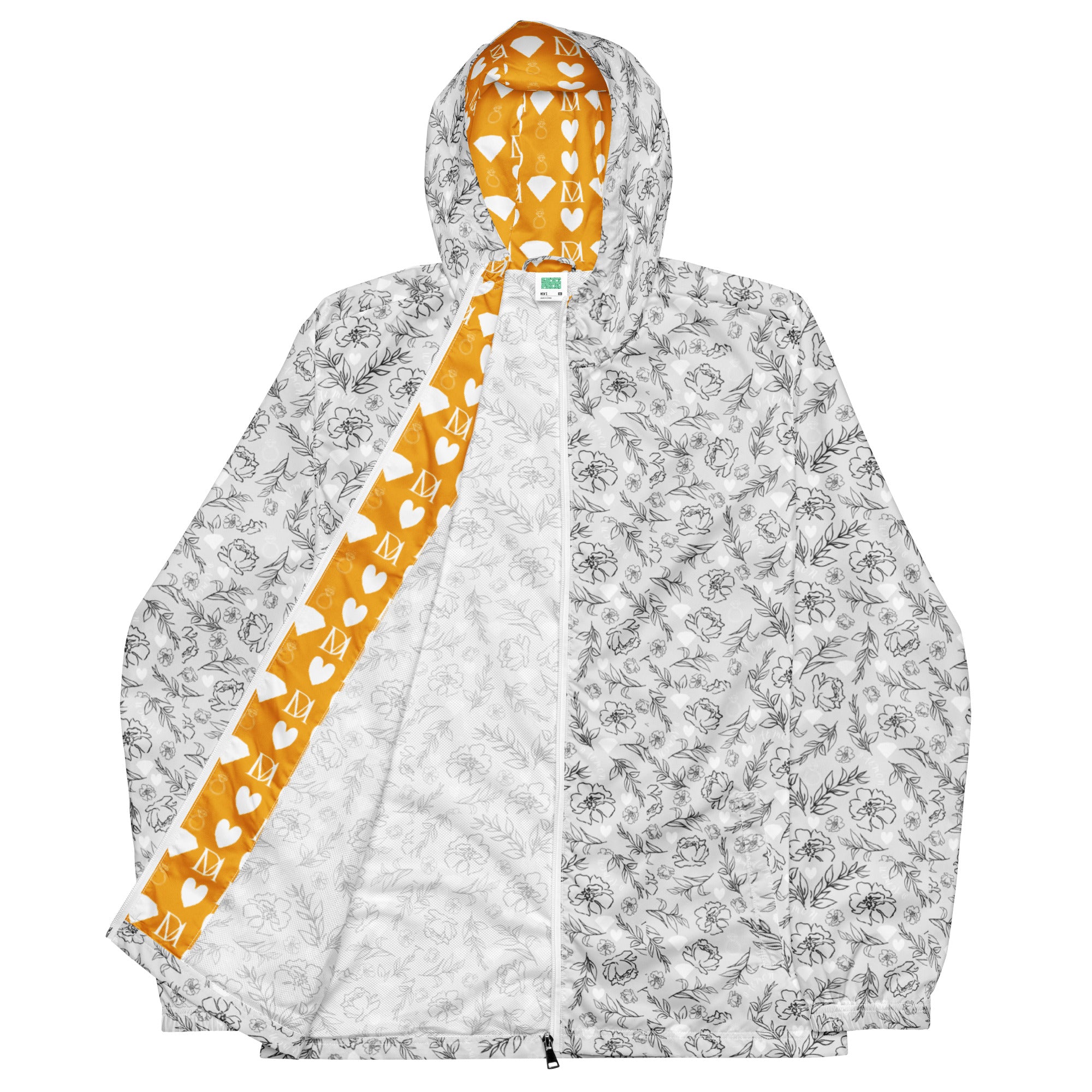 White men's windbreaker jacket with all-over Florette Rebirth print by Daemon Luxury, stylish and lightweight outerwear.