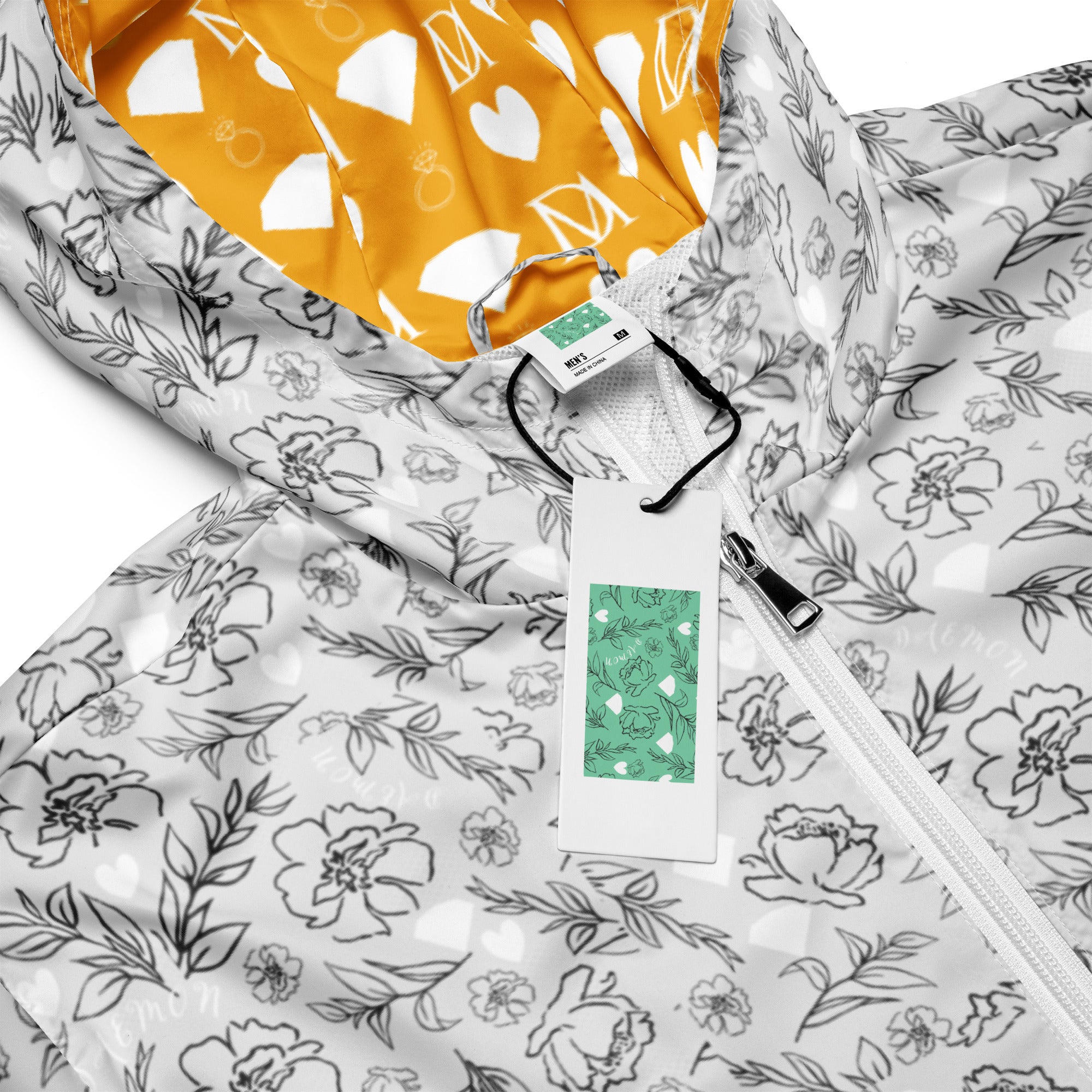 Daemon Luxury Florette Rebirth windbreaker jacket with all-over white print, lightweight men's windbreaker, stylish and modern design.