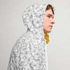 Daemon Luxury Florette Rebirth windbreaker, all-over white print, men's lightweight jacket with hood and front zipper.