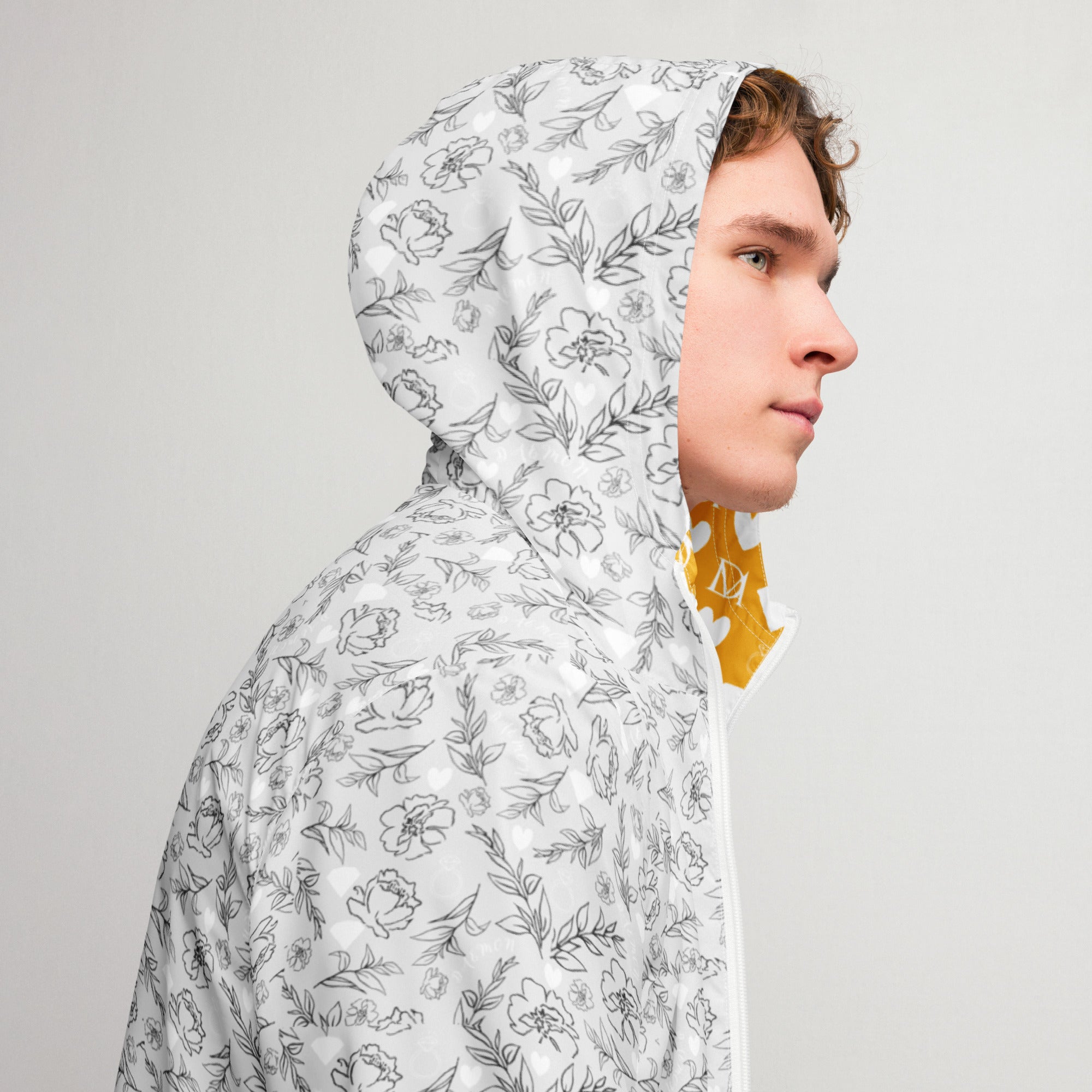 Daemon Luxury Florette Rebirth windbreaker, all-over white print, men's lightweight jacket with hood and front zipper.