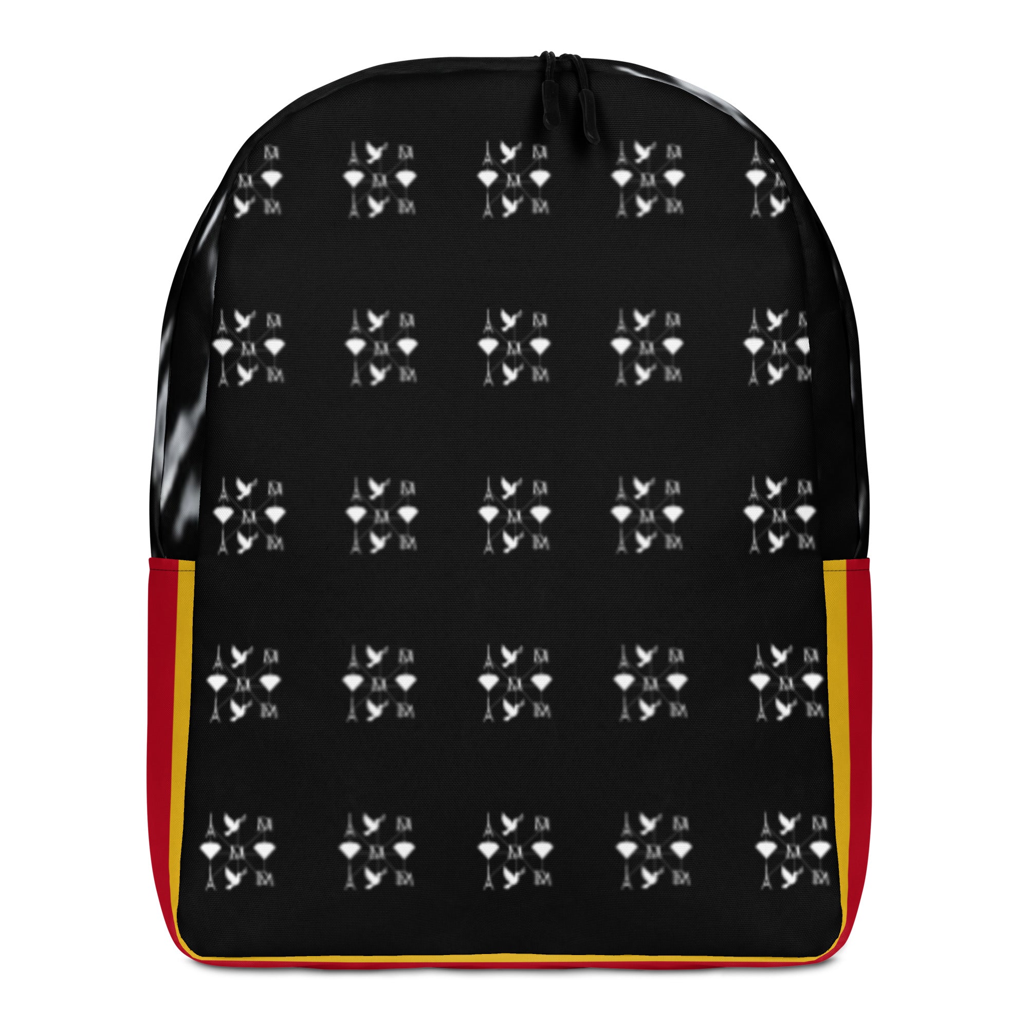 Daemon Makara Coroner SERPENTINE backpack featuring all-over white print with ruby stone accents and minimalist design.