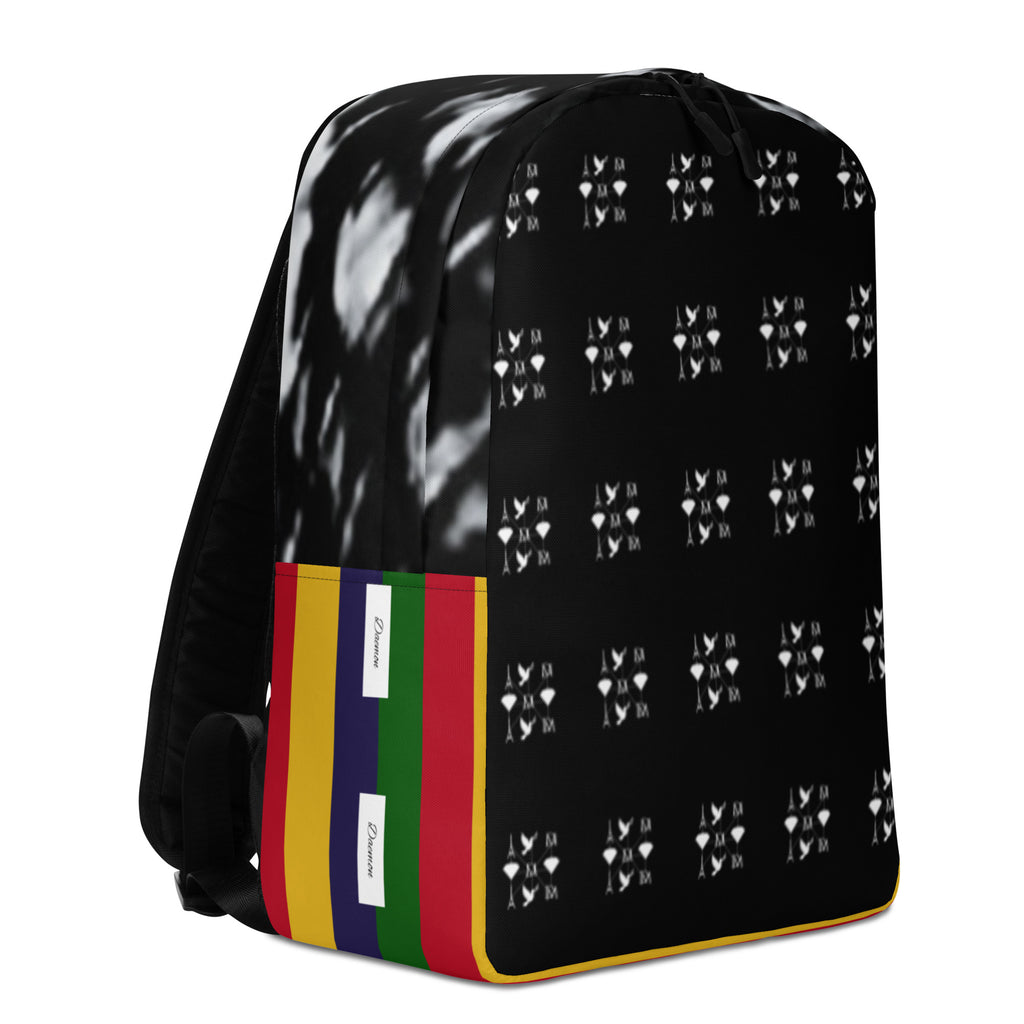 Daemon Makara Coroner SERPENTINE backpack with white all-over print and ruby stone accents, minimalist design, and adjustable straps.