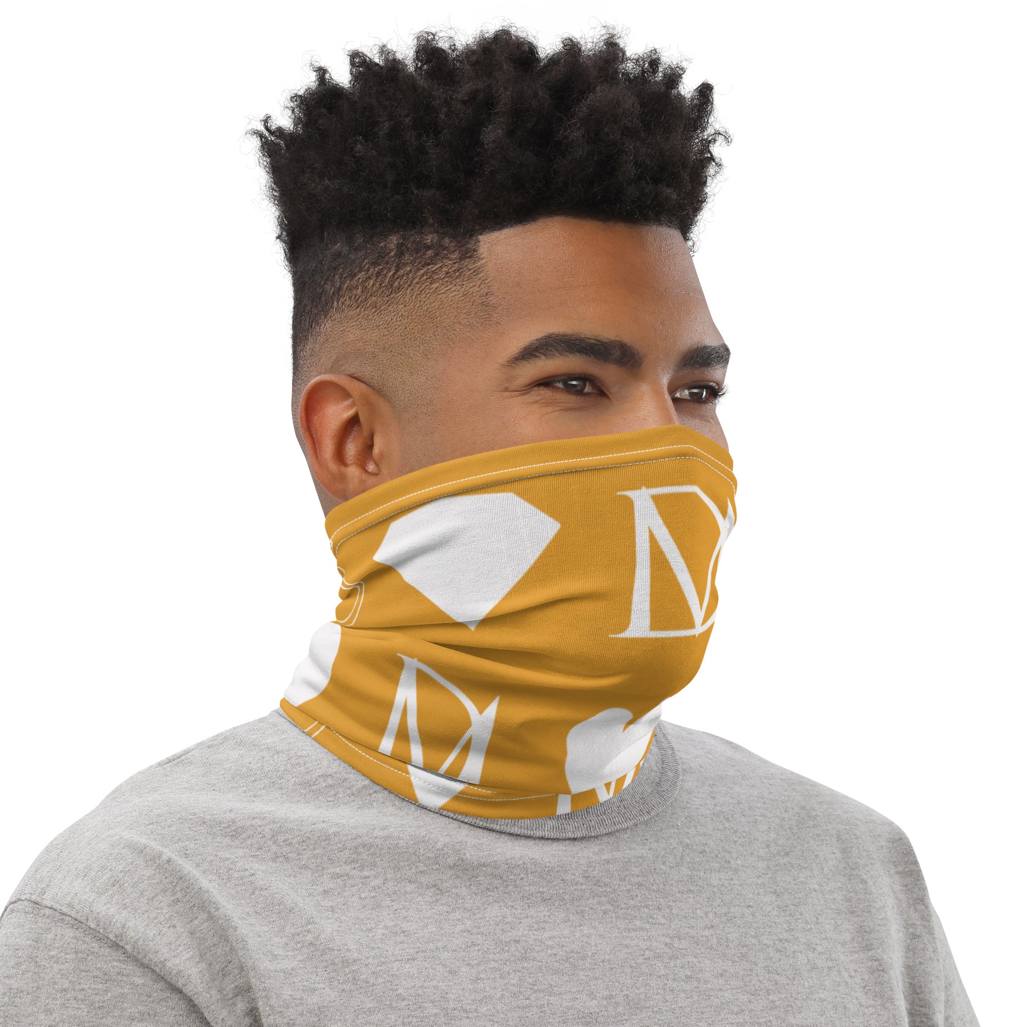 White Daemon Frosted Diamonds Tarmin Honeybees neck gaiter with an all-over diamond and honeybee print, designed for versatile wear.