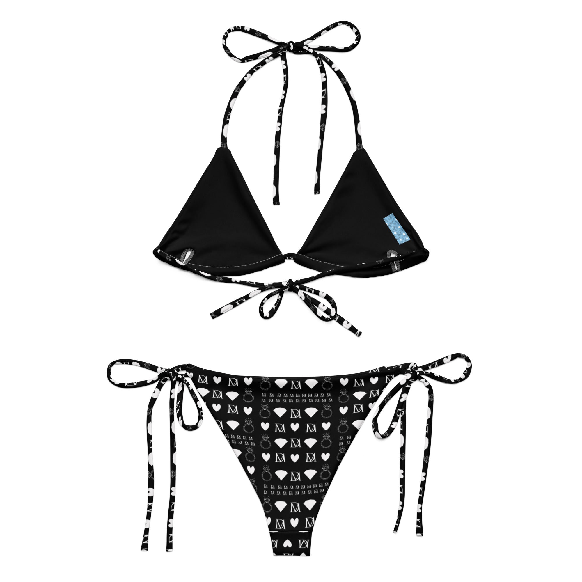 Daemon Luxury Frosted Diamonds Dolce Scusa all-over-print recycled string bikini in white, showing the back view with vibrant diamond pattern.
