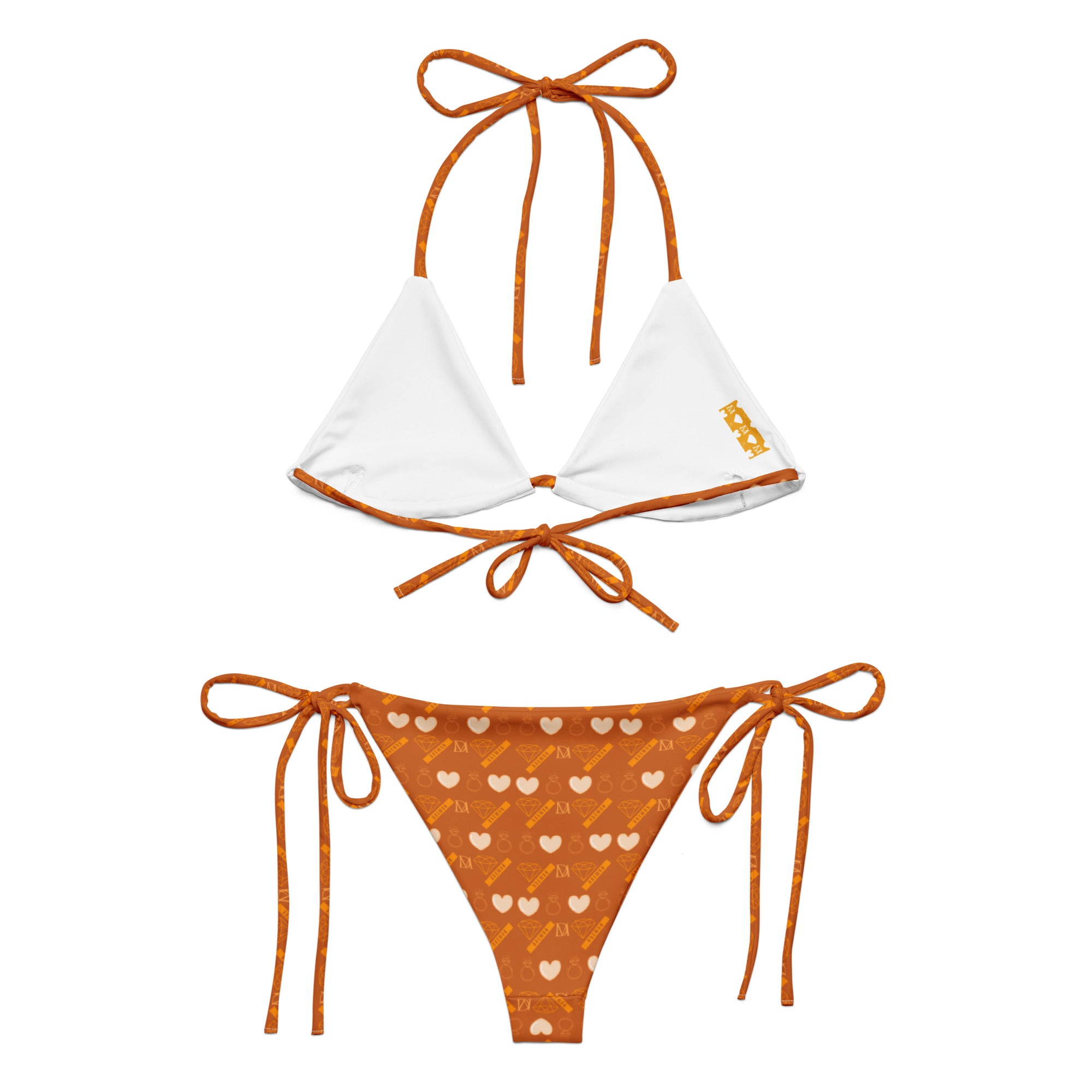 Daemon Luxury Gloomy Runner Honey Sesta all-over-print recycled string bikini with white background and intricate design.