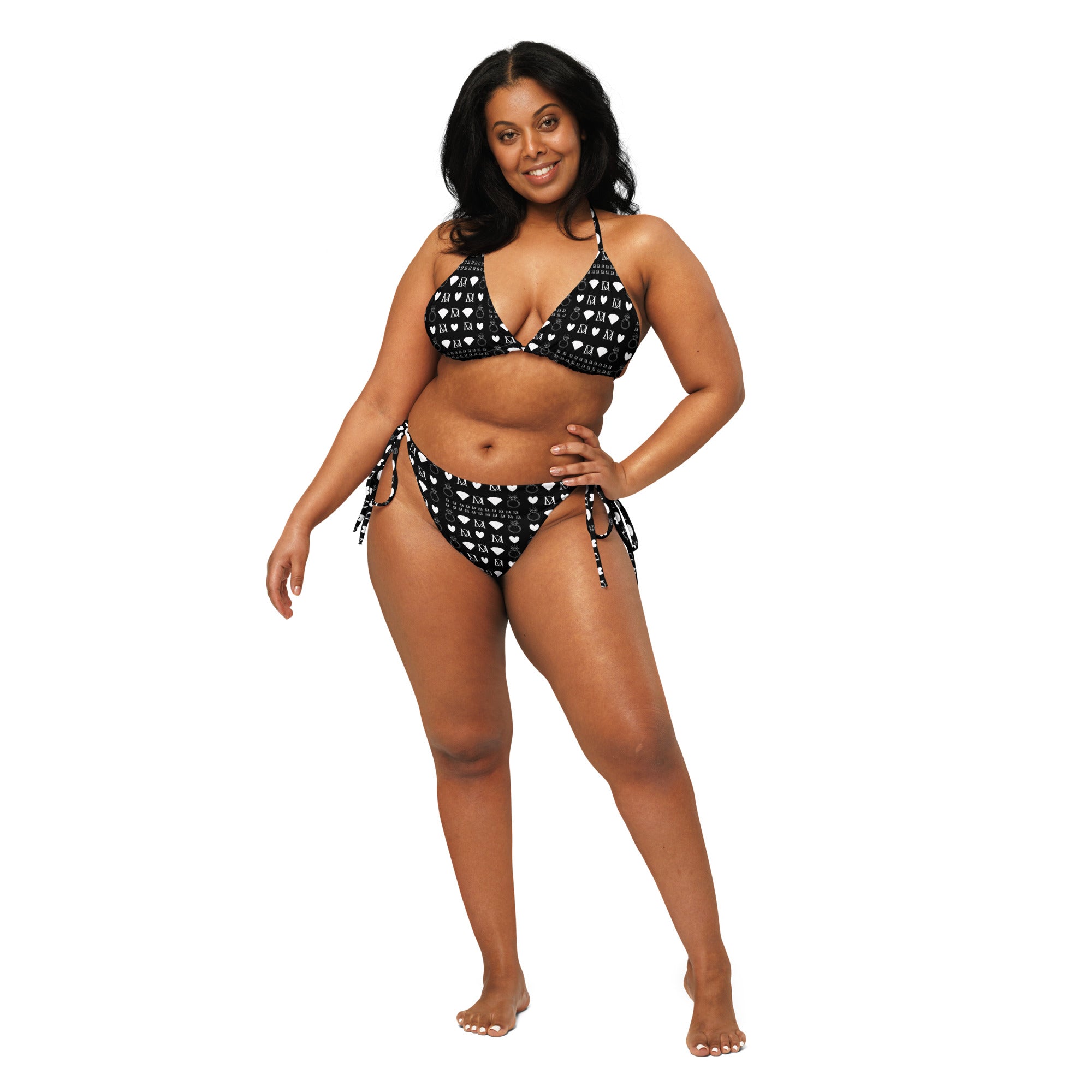 Daemon Luxury Frosted Diamonds Dolce Scusa recycled string bikini with all-over white print, front view showing intricate diamond pattern.