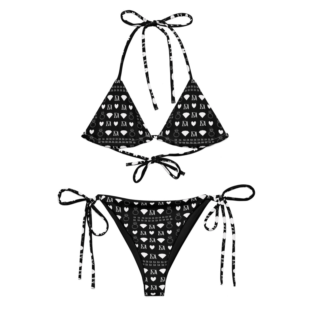 Daemon Luxury Frosted Diamonds Dolce Scusa recycled string bikini with all-over white print, front view showing vibrant pattern and fit.