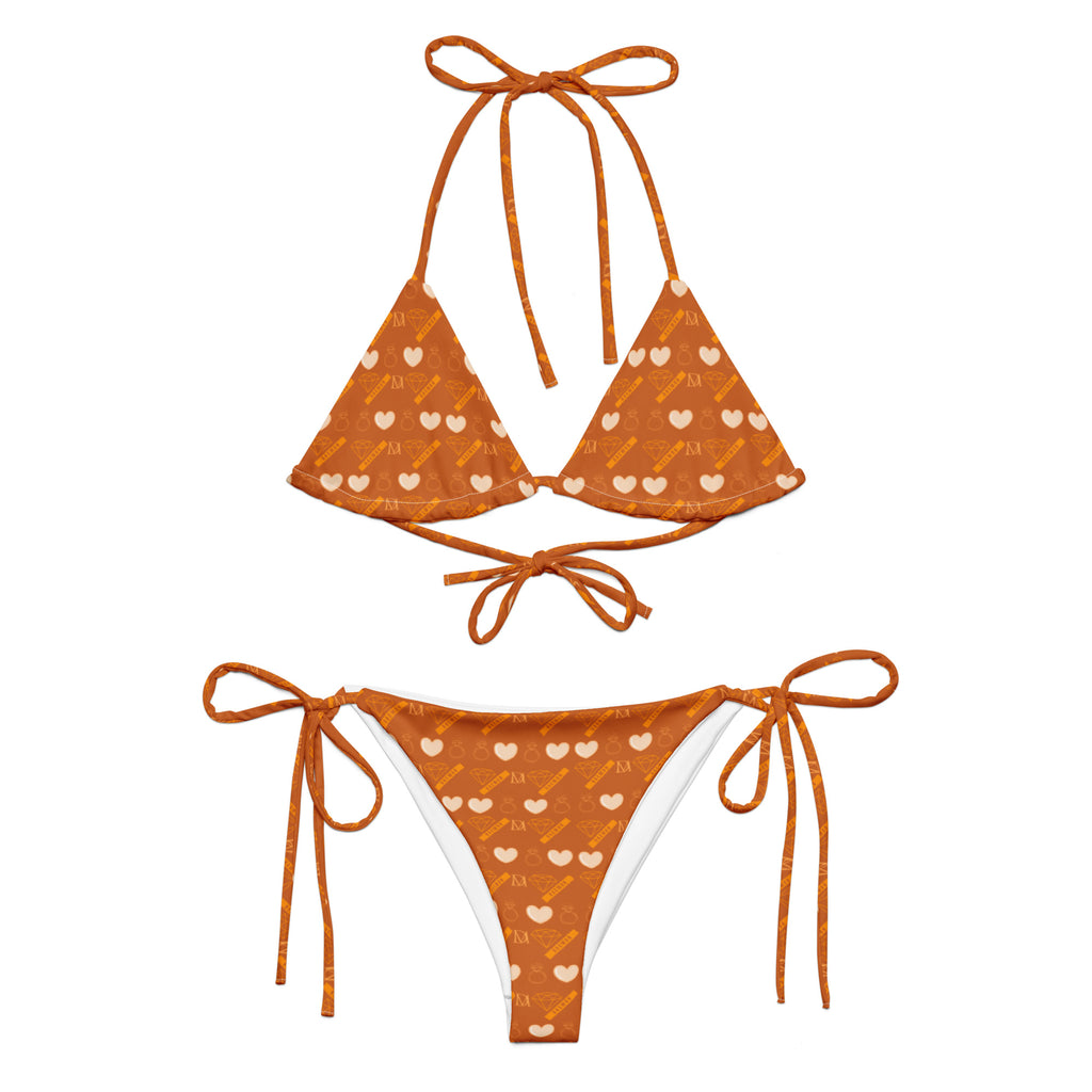 Daemon Luxury Gloomy Runner Honey Sesta Dolce Scusa recycled string bikini with all-over white print, front view.