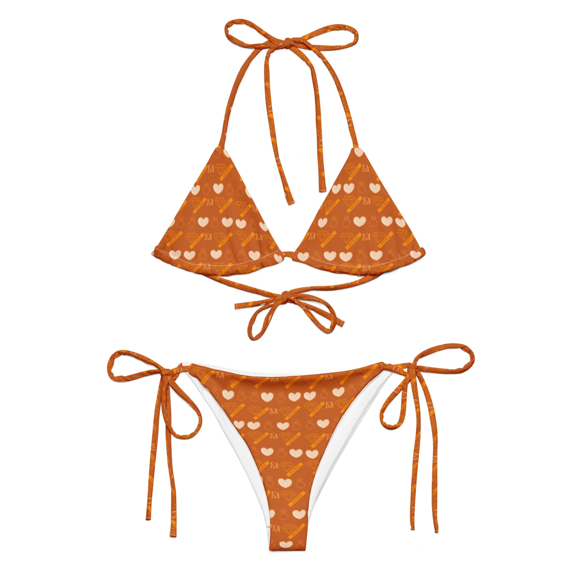 Daemon Luxury Gloomy Runner Honey Sesta Dolce Scusa recycled string bikini with all-over white print, front view.