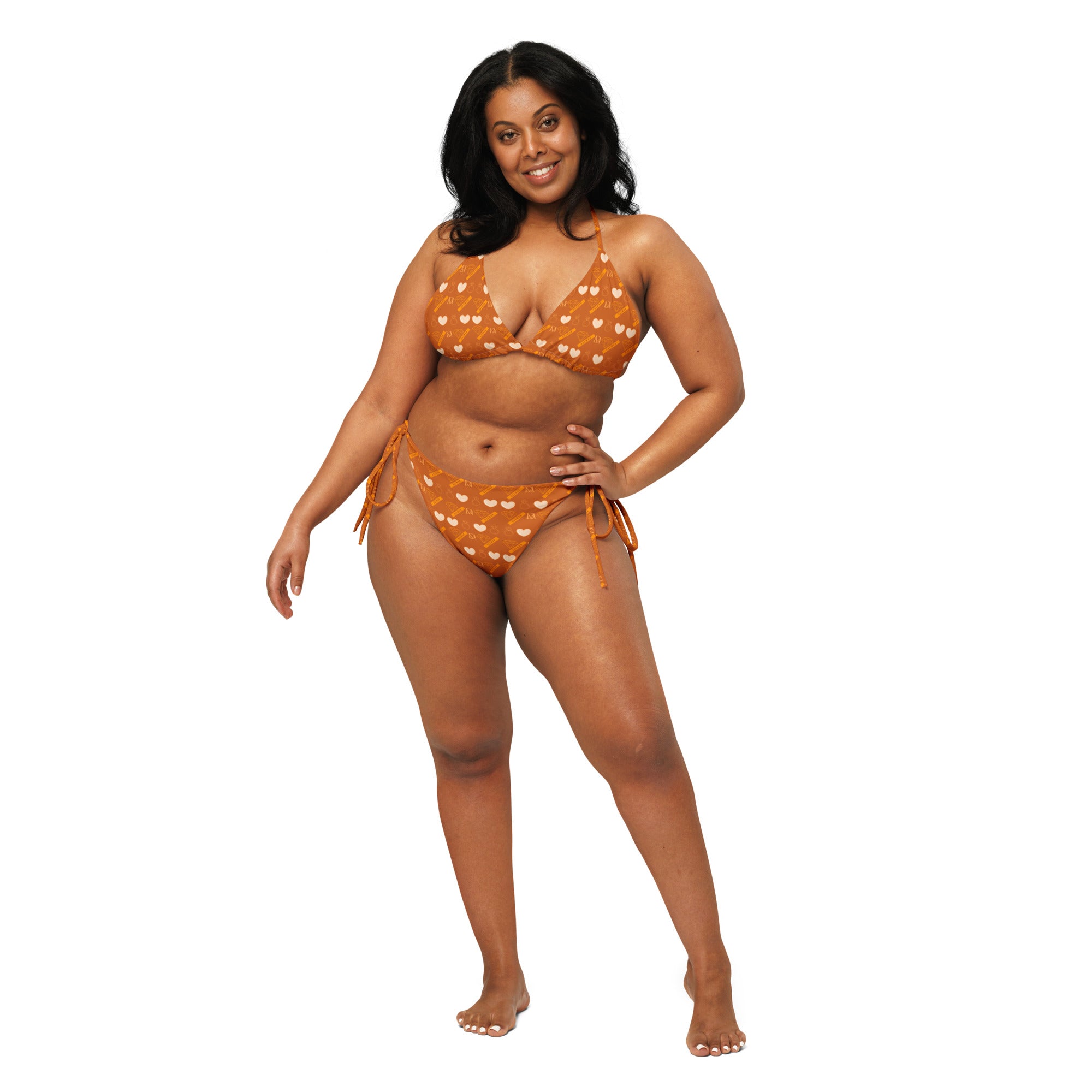 Daemon Luxury Gloomy Runner Honey Sesta all-over recycled string bikini with white print, front view showcasing stylish swimwear design