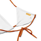 Daemon Luxury Gloomy Runner Honey Sesta bikini with all-over recycled string print on white fabric, detailed close-up image