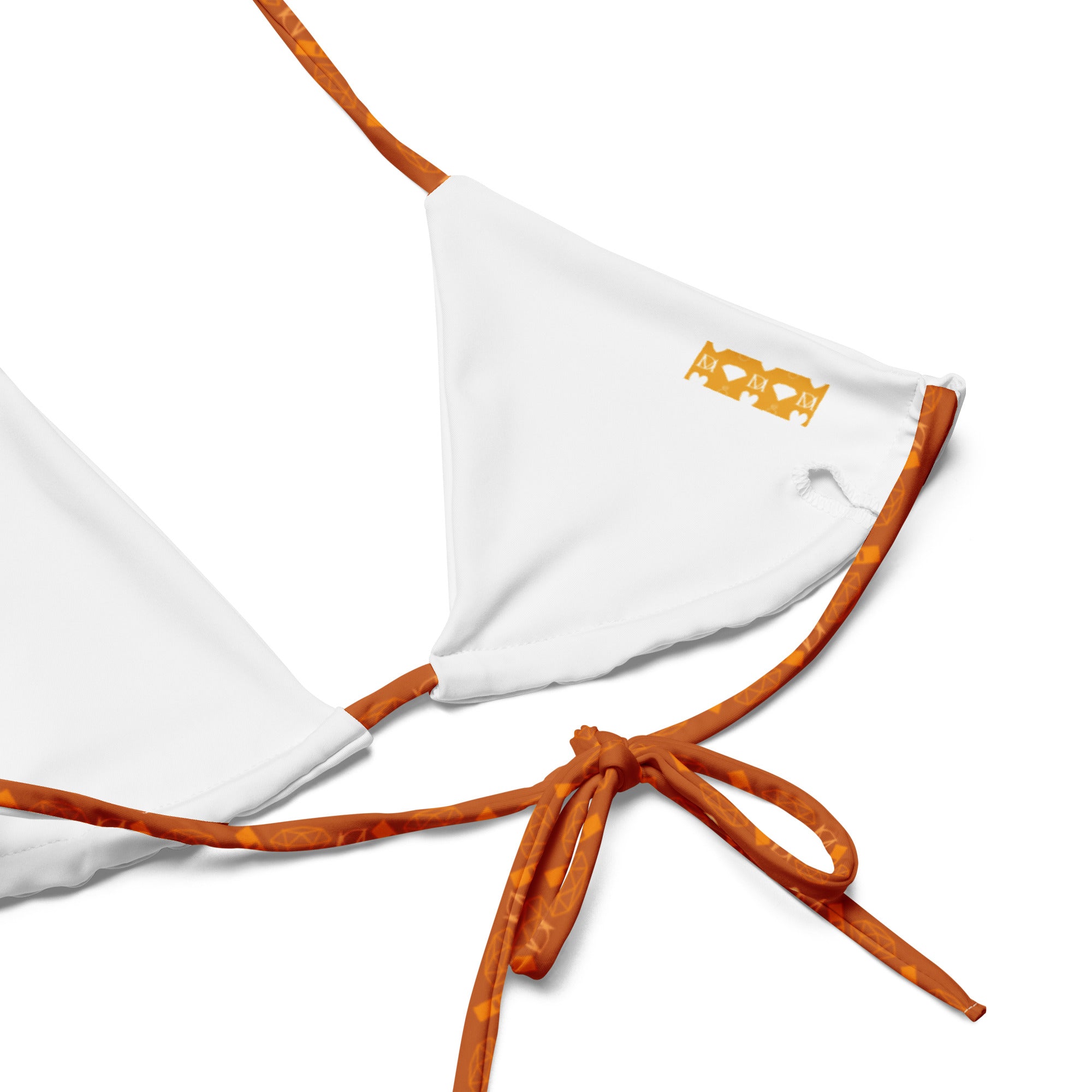 Daemon Luxury Gloomy Runner Honey Sesta bikini with all-over recycled string print on white fabric, detailed close-up image