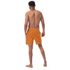 Daemon Luxury Gloomy Runner Honey recycled swim trunks with all-over white print, back view, stylish and eco-friendly design.