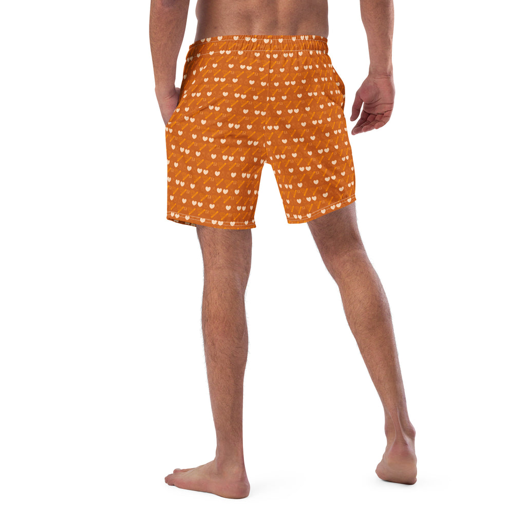 Daemon Luxury Gloomy Runner Honey swim trunks with all-over white print, featuring recycled fabric, front view.