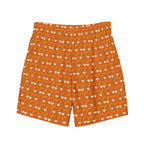 Daemon Luxury Gloomy Runner Honey swim trunks with all-over print, recycled fabric, white background, back view.