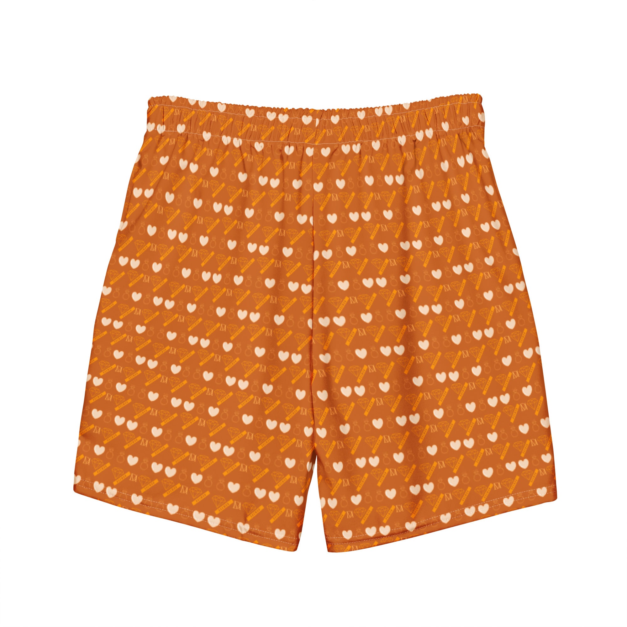 Daemon Luxury Gloomy Runner Honey swim trunks with all-over print, recycled fabric, white background, back view.