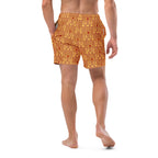 Daemon Luxury Tarmin Dim Sun Glow recycled swim trunks with all-over white print, casual beachwear for men.