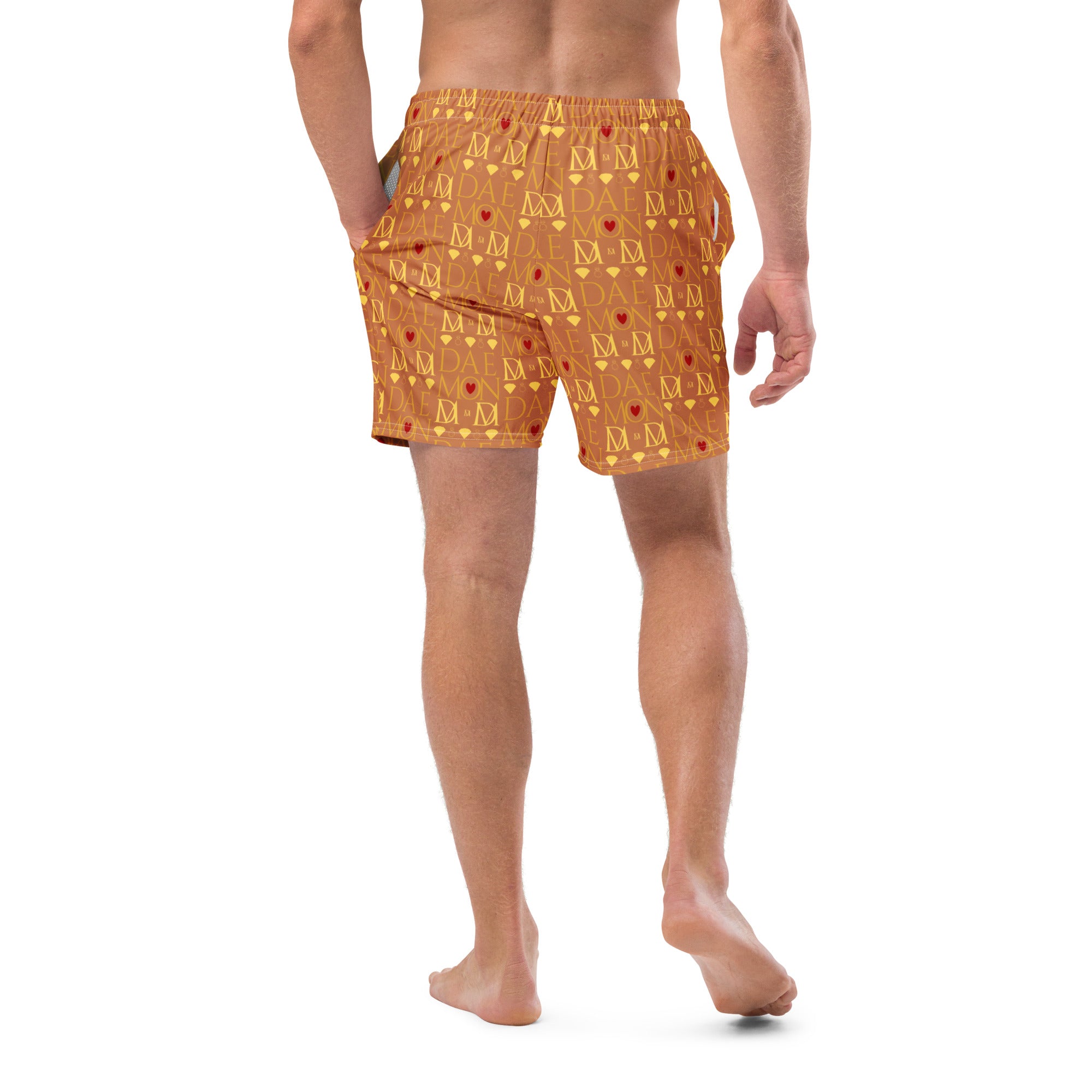 Daemon Luxury Tarmin Dim Sun Glow recycled swim trunks with all-over white print, casual beachwear for men.