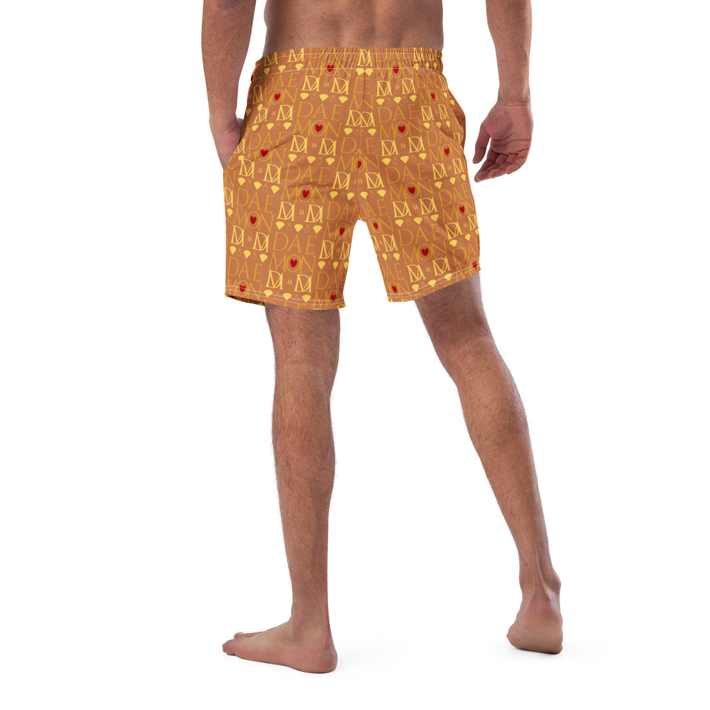 Daemon Luxury Tarmin Dim Sun Glow all-over-print recycled swim trunks with white back design