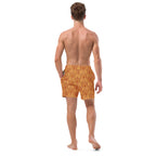 Daemon Luxury Tarmin Dim Sun Glow swim trunks with all-over recycled print, featuring a white background and stylish design.