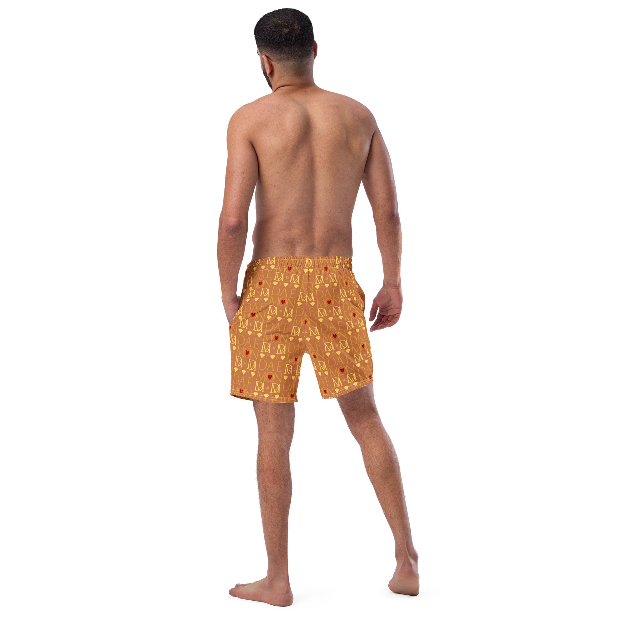 Daemon Luxury Tarmin Dim Sun Glow swim trunks with all-over recycled print, featuring a vibrant white design and comfortable fit.