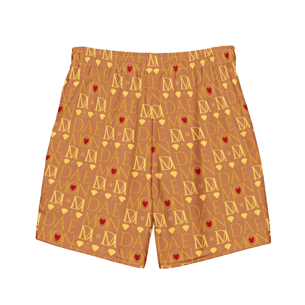 Daemon Luxury Tarmin Dim Sun Glow all-over-print recycled swim trunks with white back design