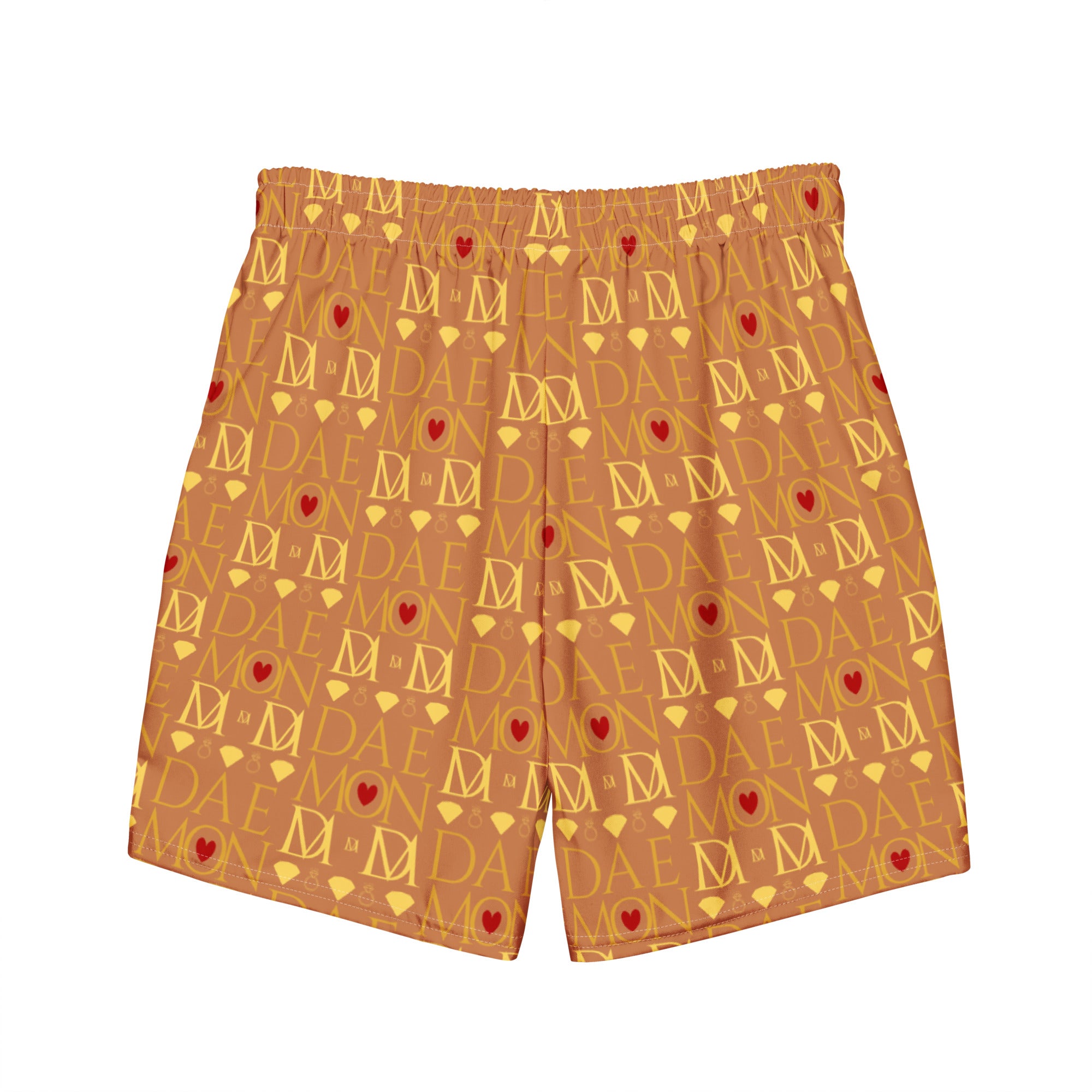 Daemon Luxury Tarmin Dim Sun Glow all-over-print recycled swim trunks with white back design