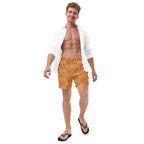 Daemon Luxury Tarmin Dim Sun Glow recycled swim trunks with all-over white print, featuring a stylish, eco-friendly design for beachwear.
