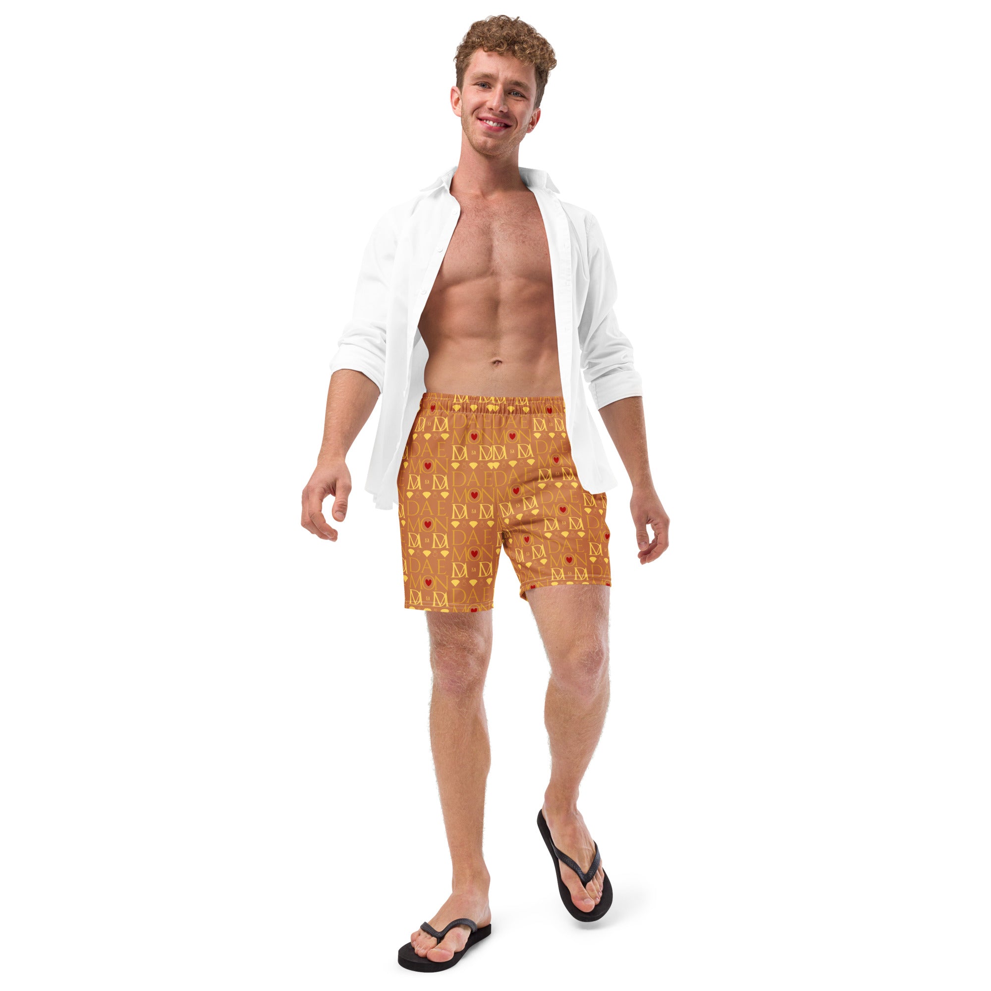 Daemon Luxury Tarmin Dim Sun Glow recycled swim trunks with all-over white print, featuring a stylish, eco-friendly design for beachwear.