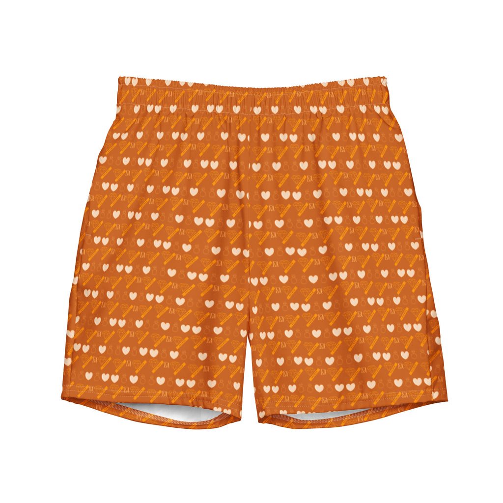 Daemon Luxury Gloomy Runner Honey all-over-print recycled swim trunks with white front design.