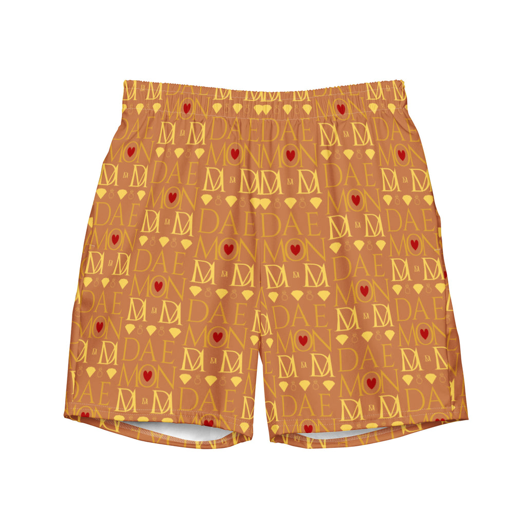 Daemon Luxury Tarmin Dim Sun Glow swim trunks with all-over recycled print, featuring a white front design.