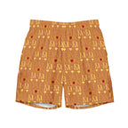 Daemon Luxury Tarmin Dim Sun Glow swim trunks with all-over recycled print, featuring a white front design.