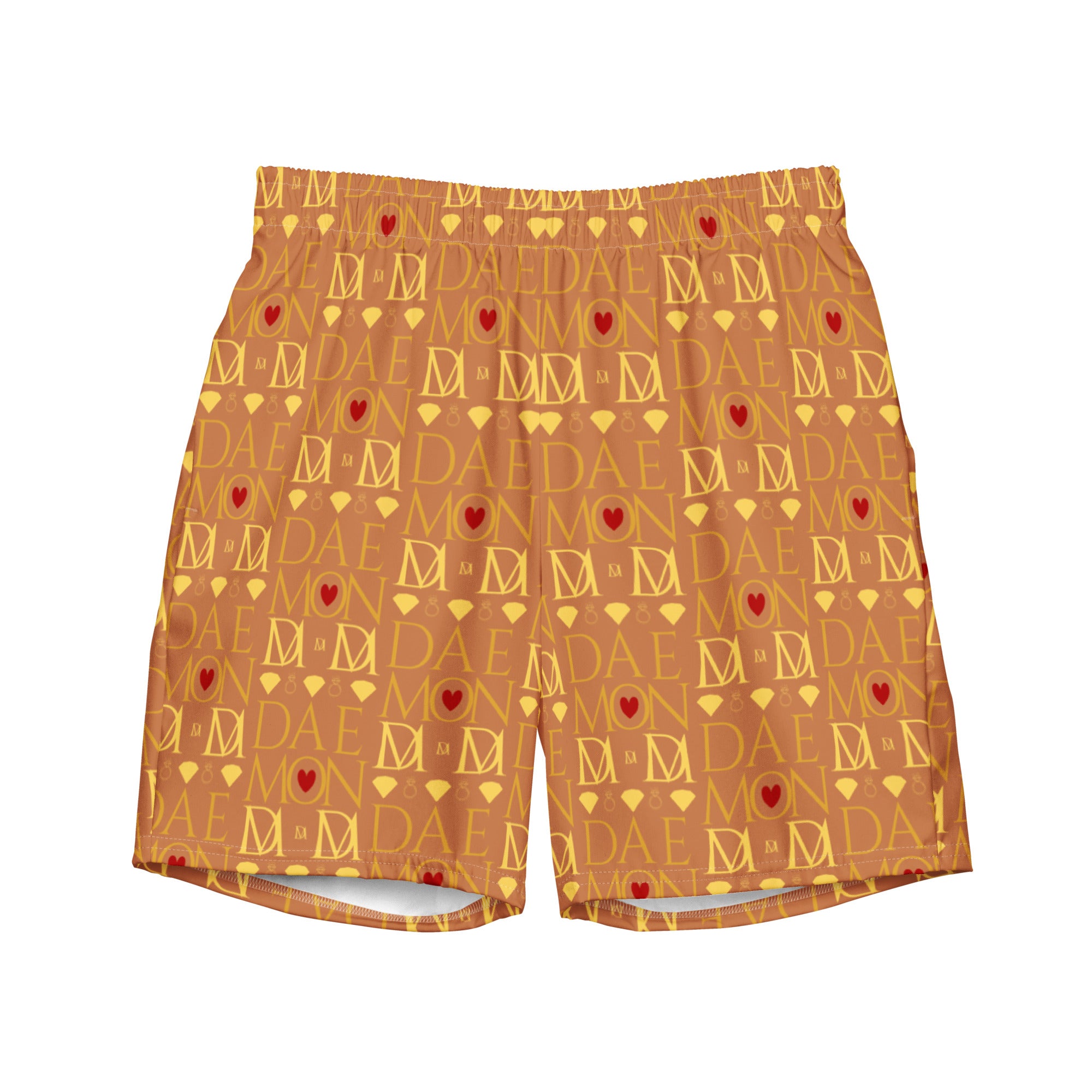 Daemon Luxury Tarmin Dim Sun Glow swim trunks with all-over recycled print, featuring a white front design.