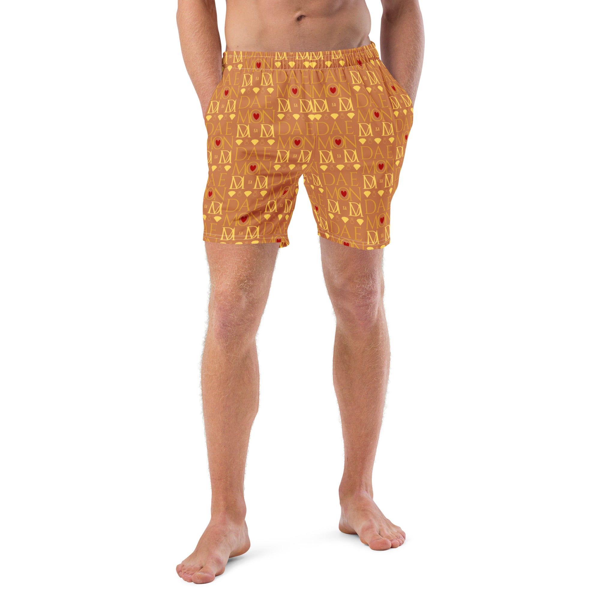 Daemon Luxury Tarmin Dim Sun Glow recycled swim trunks with all-over print, white front design, casual beachwear for men