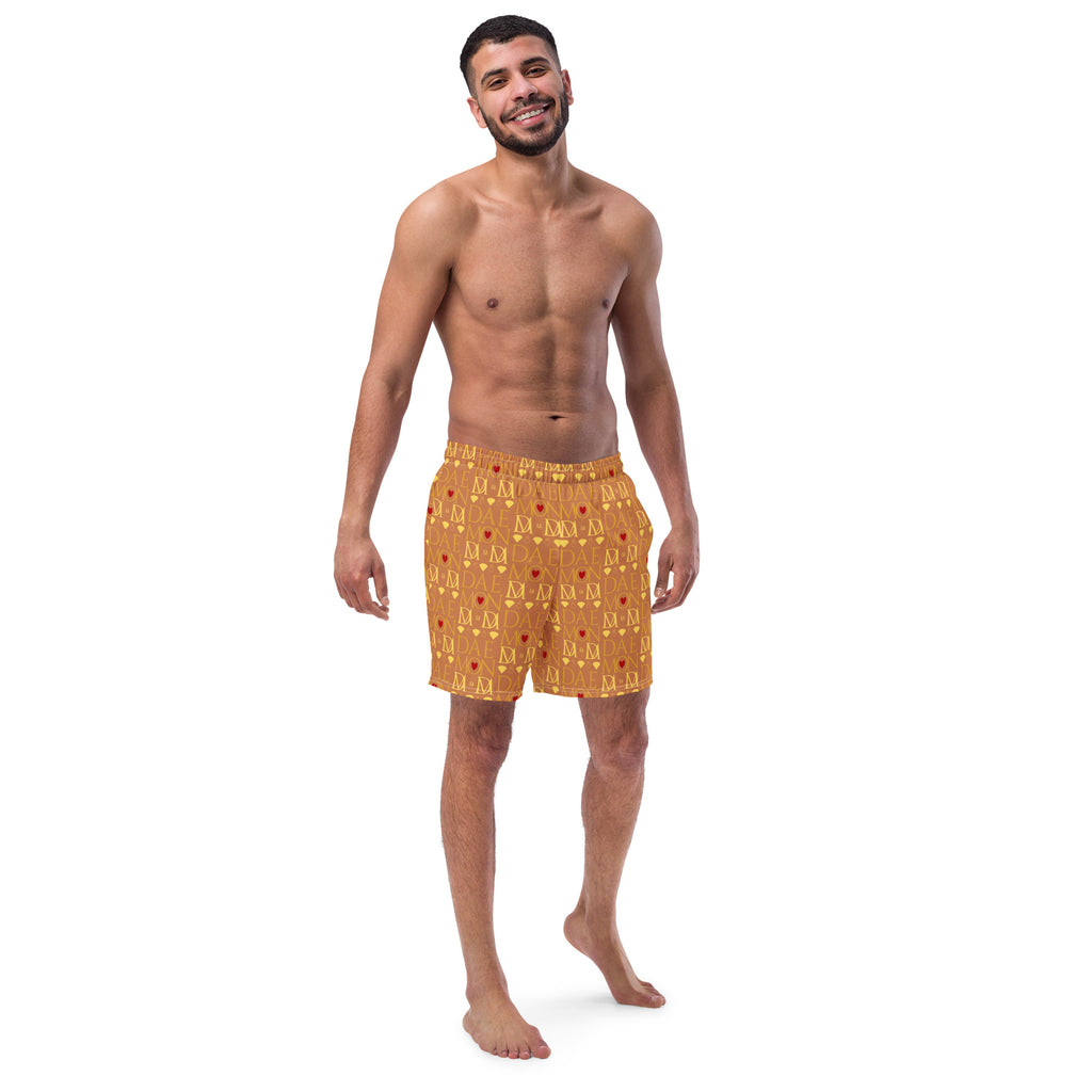 Daemon Luxury Tarmin Dim Sun Glow recycled swim trunks with all-over white print, front view.