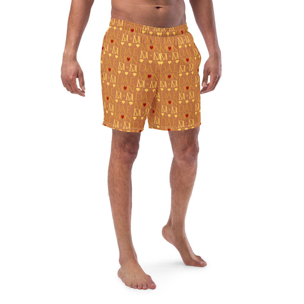 Daemon Luxury Tarmin Dim Sun Glow recycled swim trunks with all-over white print, showcasing stylish men's swimwear.