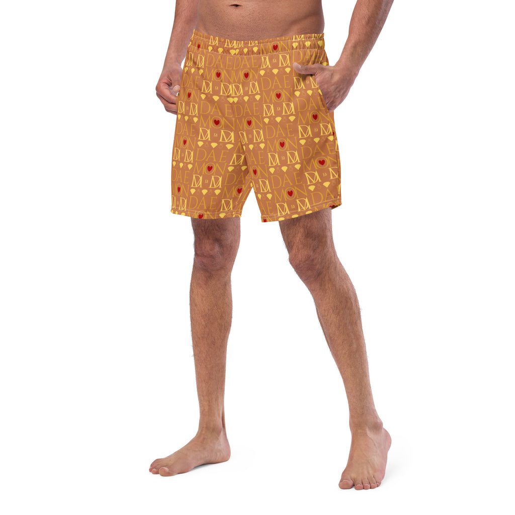 Daemon Luxury Tarmin Dim Sun Glow recycled swim trunks with all-over white print, front view of stylish men's swimwear.